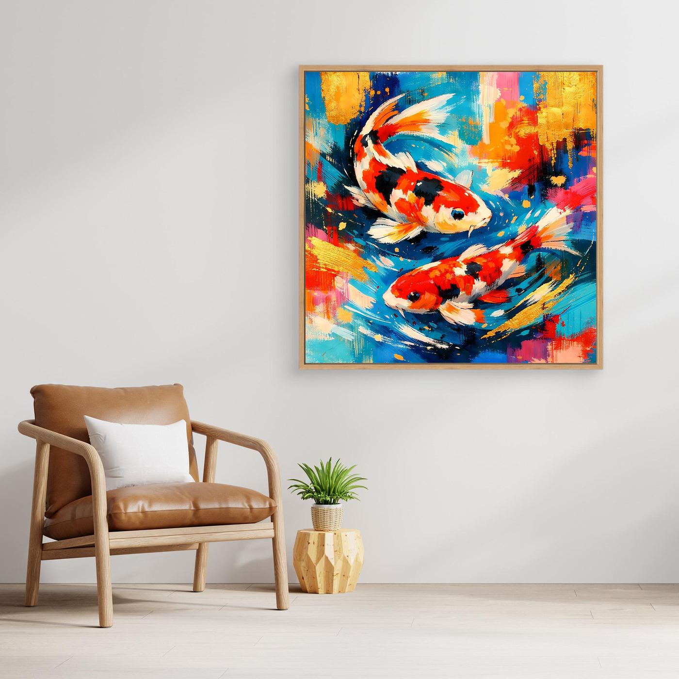Abstraktes Leinwandbild mit Koi-Fischen, bunt, goldener Rahmen