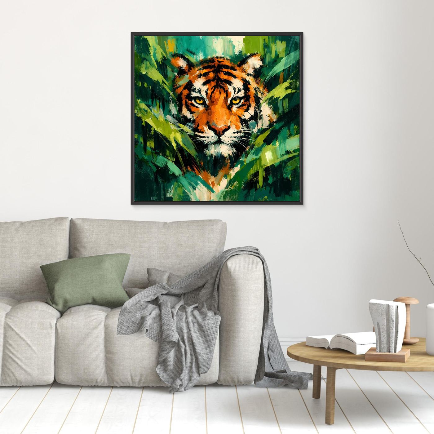 Leinwand Abstraktes Tiger Gemälde | Modernes Wandbild Raubkatze Dschungel Grün Orange