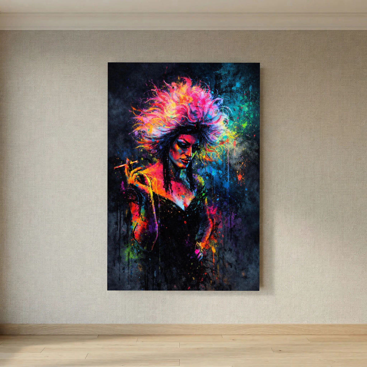 Hochformatiges Wandbild mit Drag Queen und Zigarette, kräftige Farbexplosionen im Neon-Stil