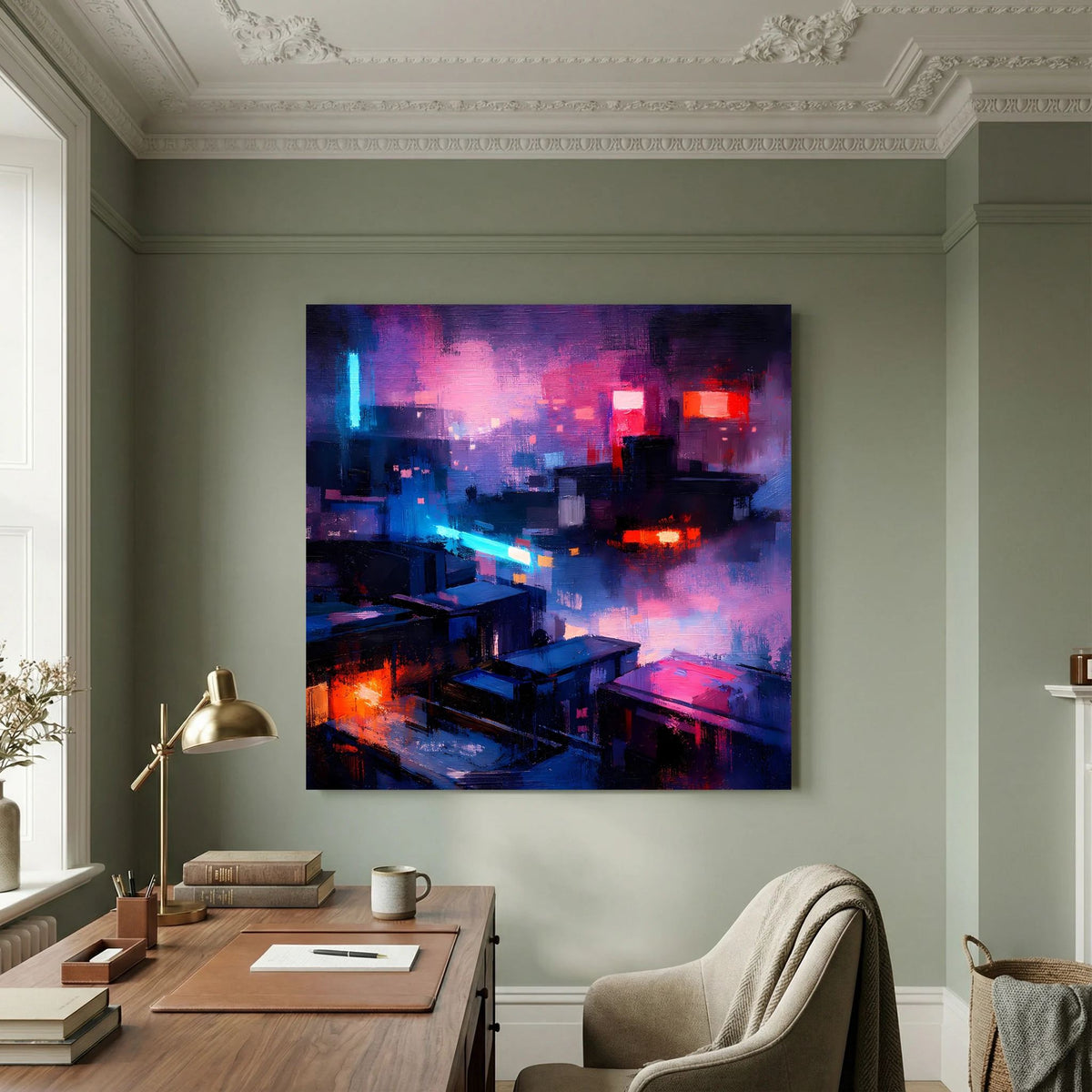 Quadratisches Leinwand-Wandbild: Neon-Cyberpunk-Stadt mit farbigen Lichtstreifen