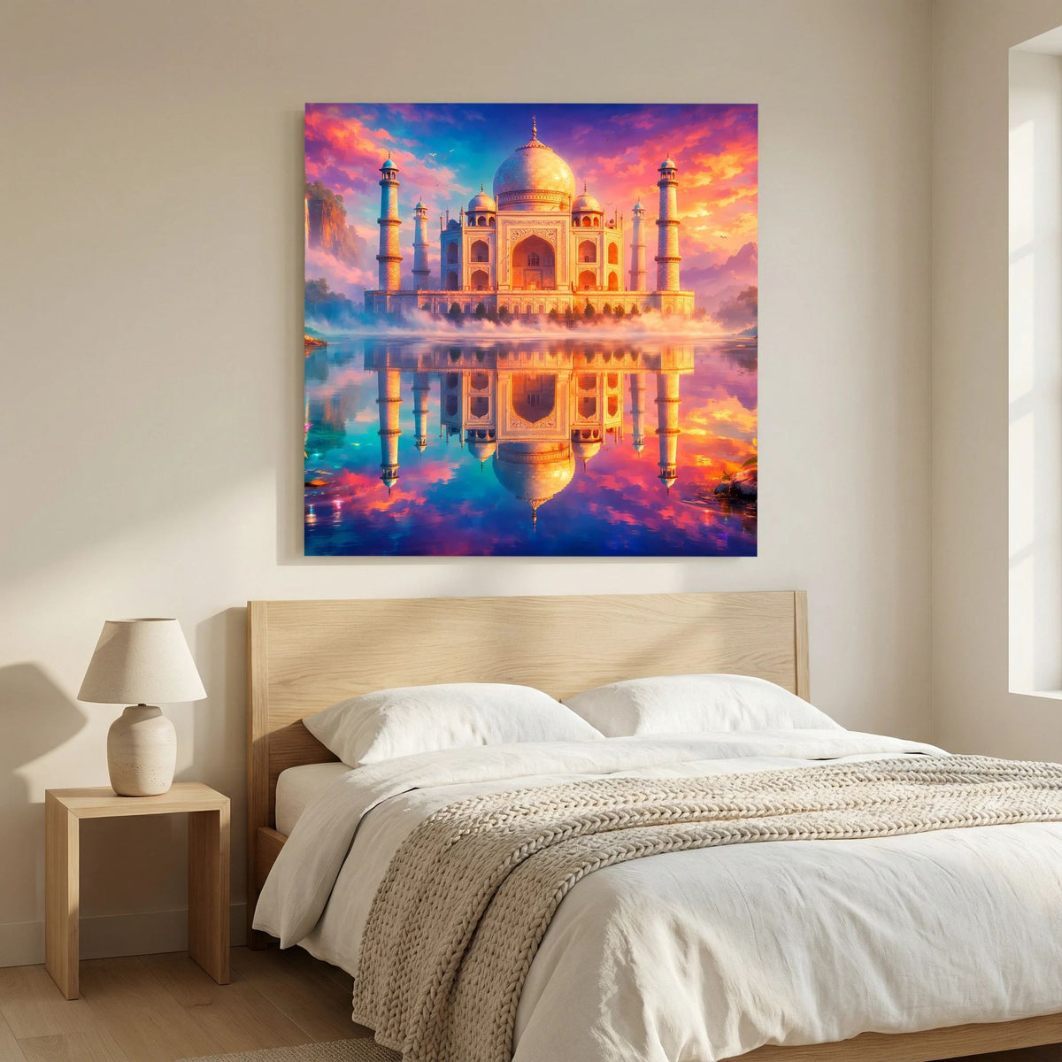 Leinwandbild mit Taj Mahal und Spiegelung, leuchtende Himmelstöne