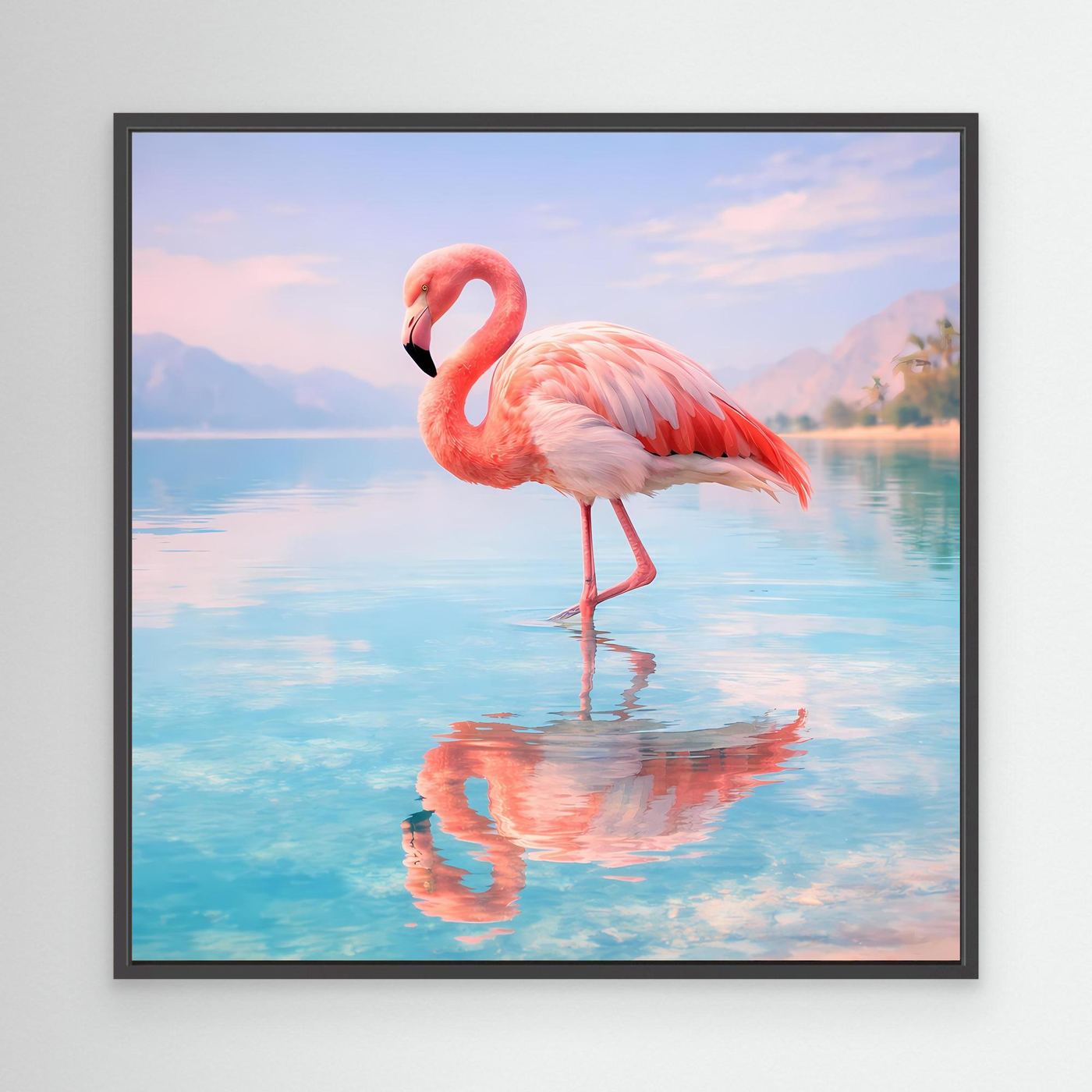 Wandbild mit Flamingo am See, schwarzer Rahmen