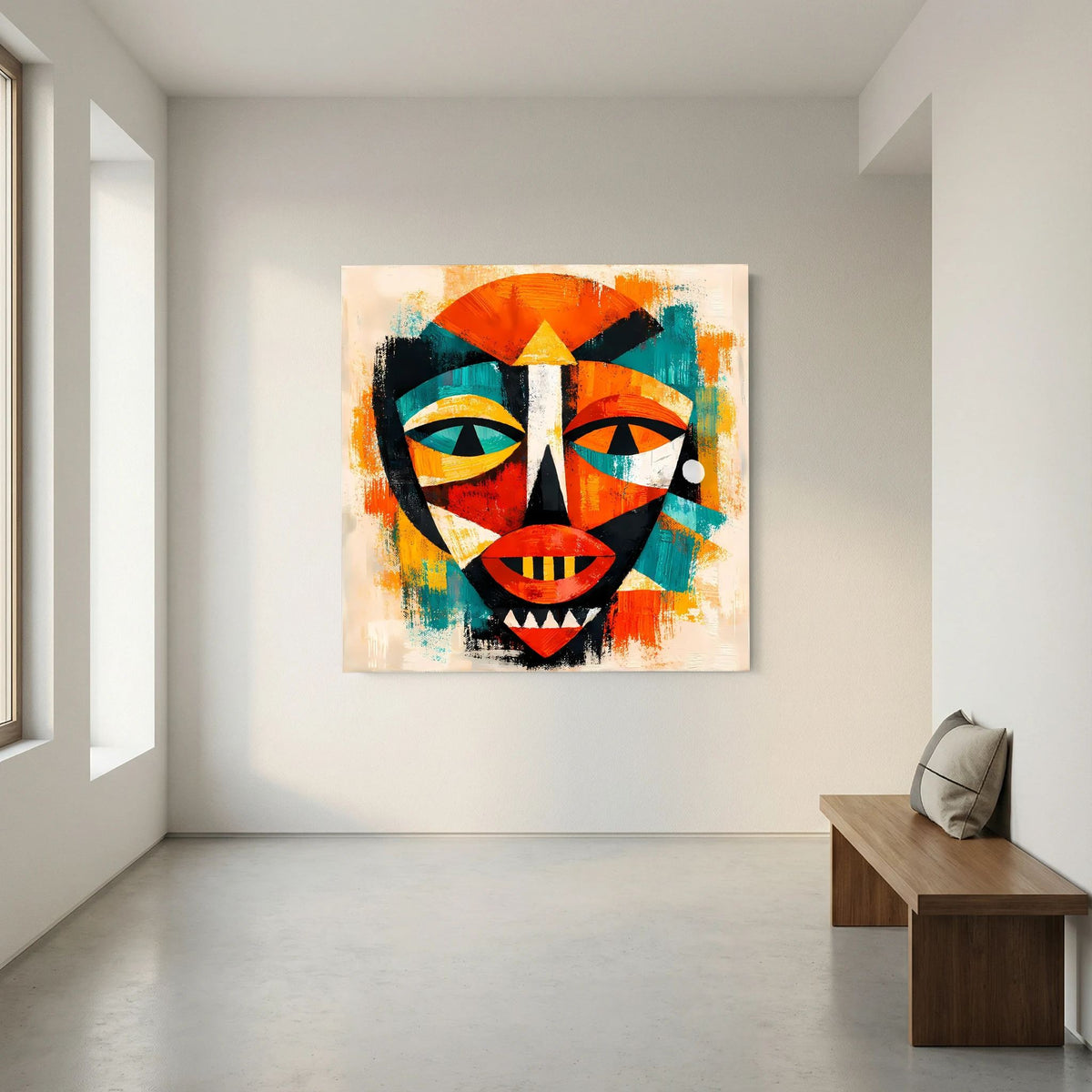 Leinwandbild abstrakte afrikanische Maske, zentriertes Gesicht mit bunten Farbfeldern