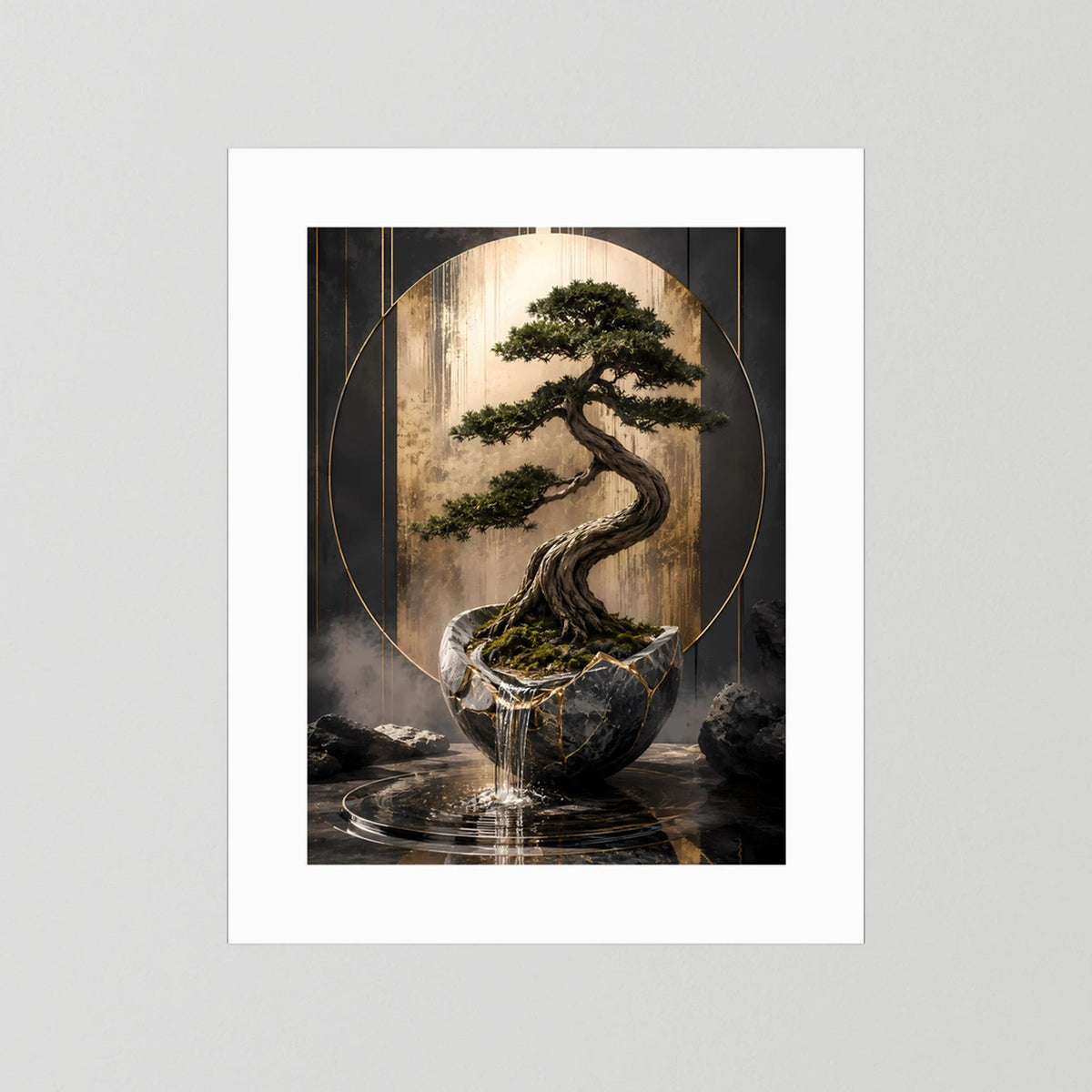 Hochformat-Poster Bonsai im dunklen Topf, schwarz-goldene Linien, weißer Rand