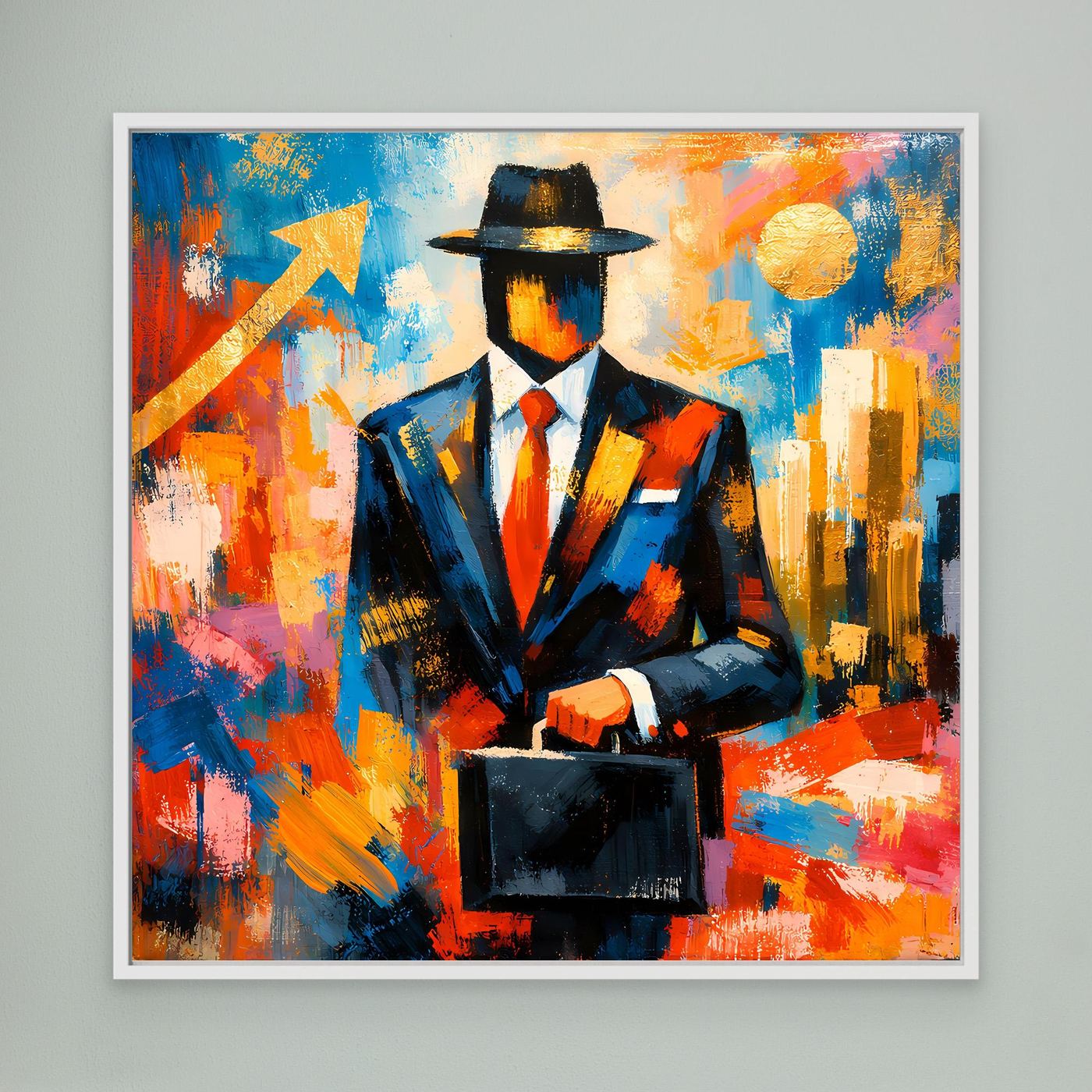 Leinwandbild mit Geschäftsmann im Hut, bunte Pop-Art, weißer Rahmen