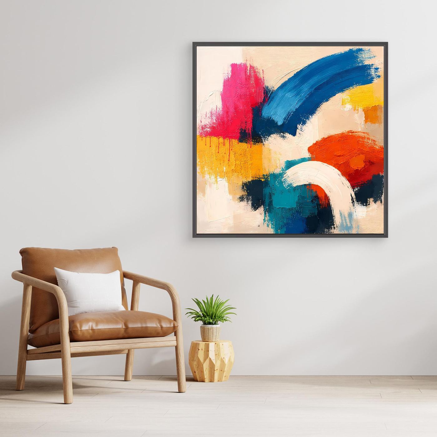 Abstract canvas wall art with colorful brushstrokes in a black frame