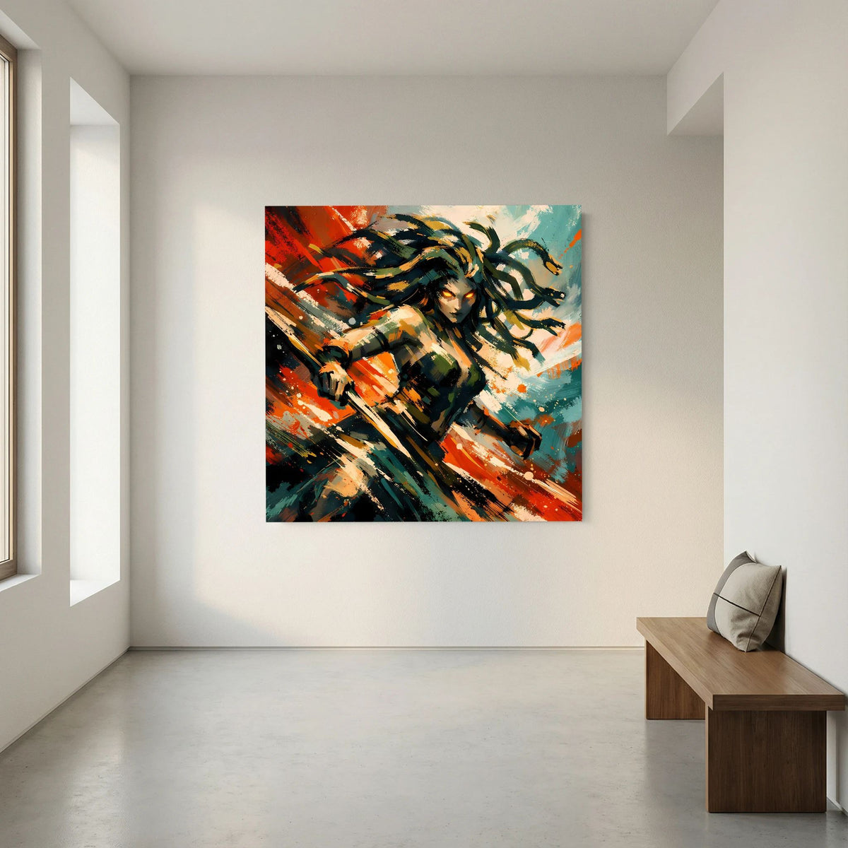 Leinwand-Wandbild: Medusa im Actionstil, kräftige Pinselstriche in Orange, Blau und Dunkelgrün