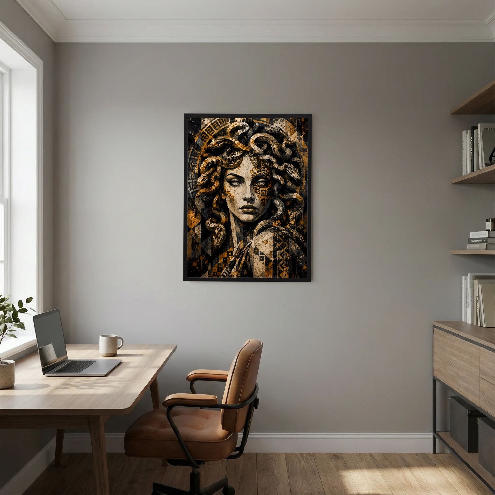 Poster mit Medusa-Mosaik: goldene Ornamente und Schlangenfrisur auf dunklem Grund, schwarz