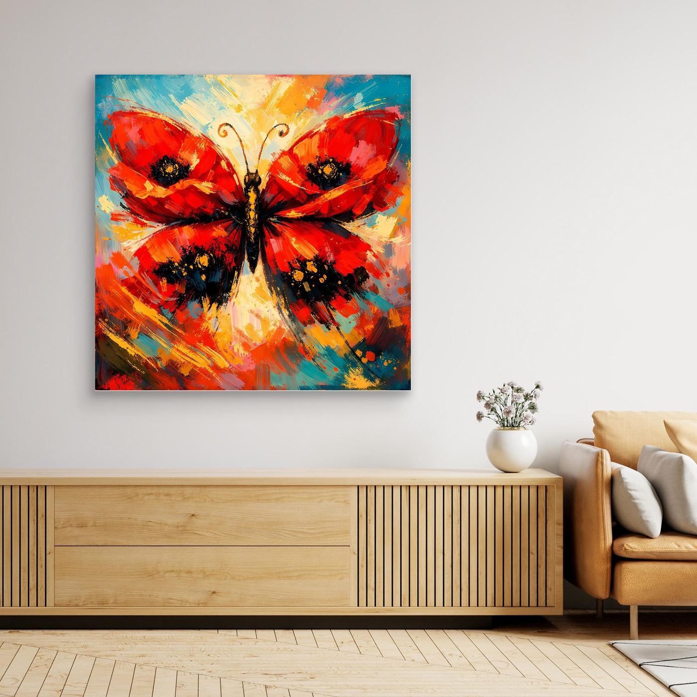 Gerahmtes Leinwandbild mit abstraktem Schmetterling in Rot, Schwarz, Blau und Türkis