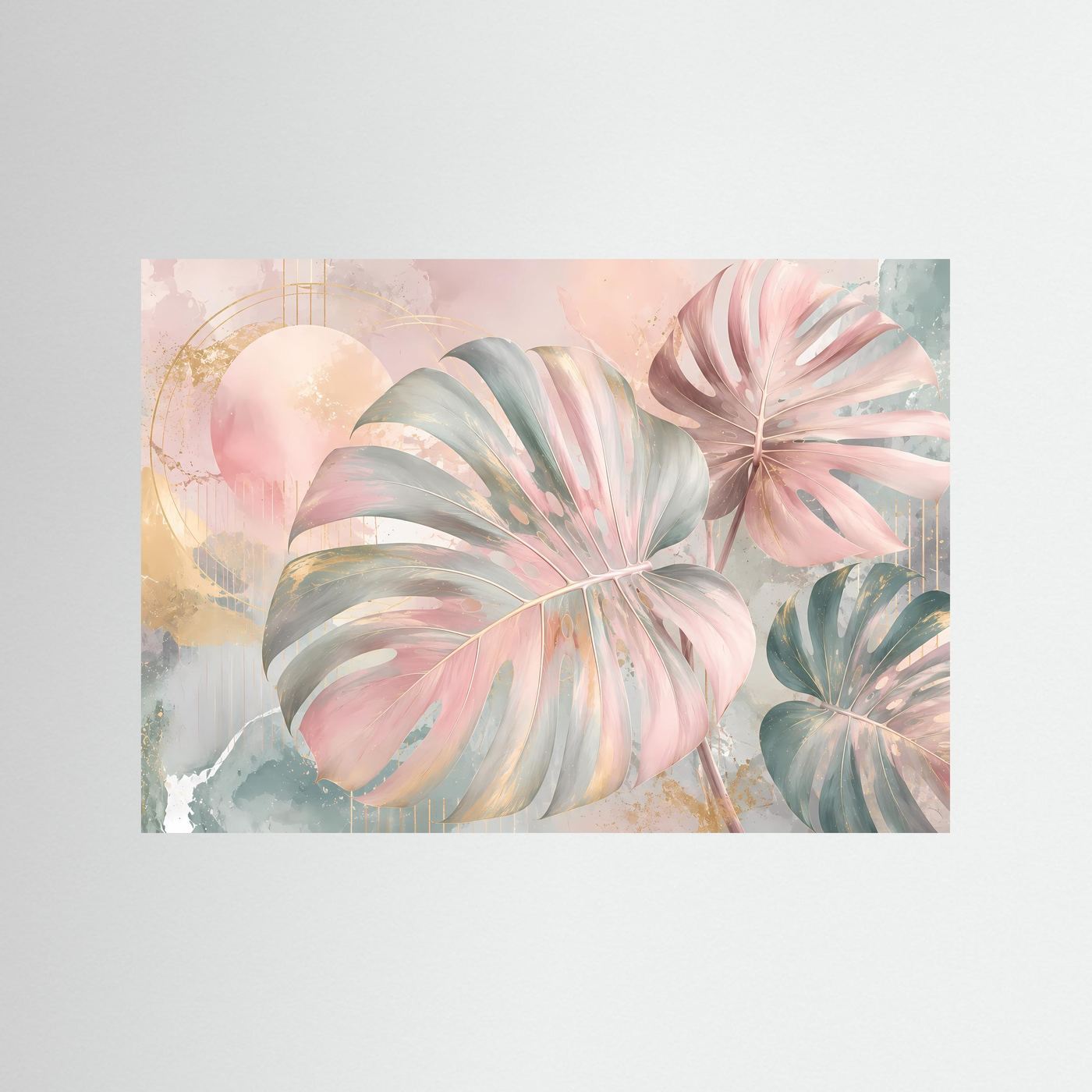 Monstera Blätter Poster Querformat | Tropische Wandkunst Pastell Rosa Gold | Moderne Botanische Kunst