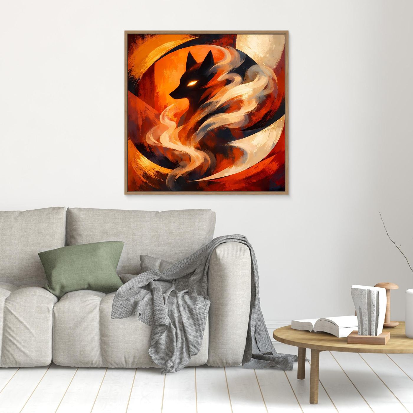 Wandbild mit schwarzer Fuchssilhouette im Feuerwirbel, heller Holzrahmen