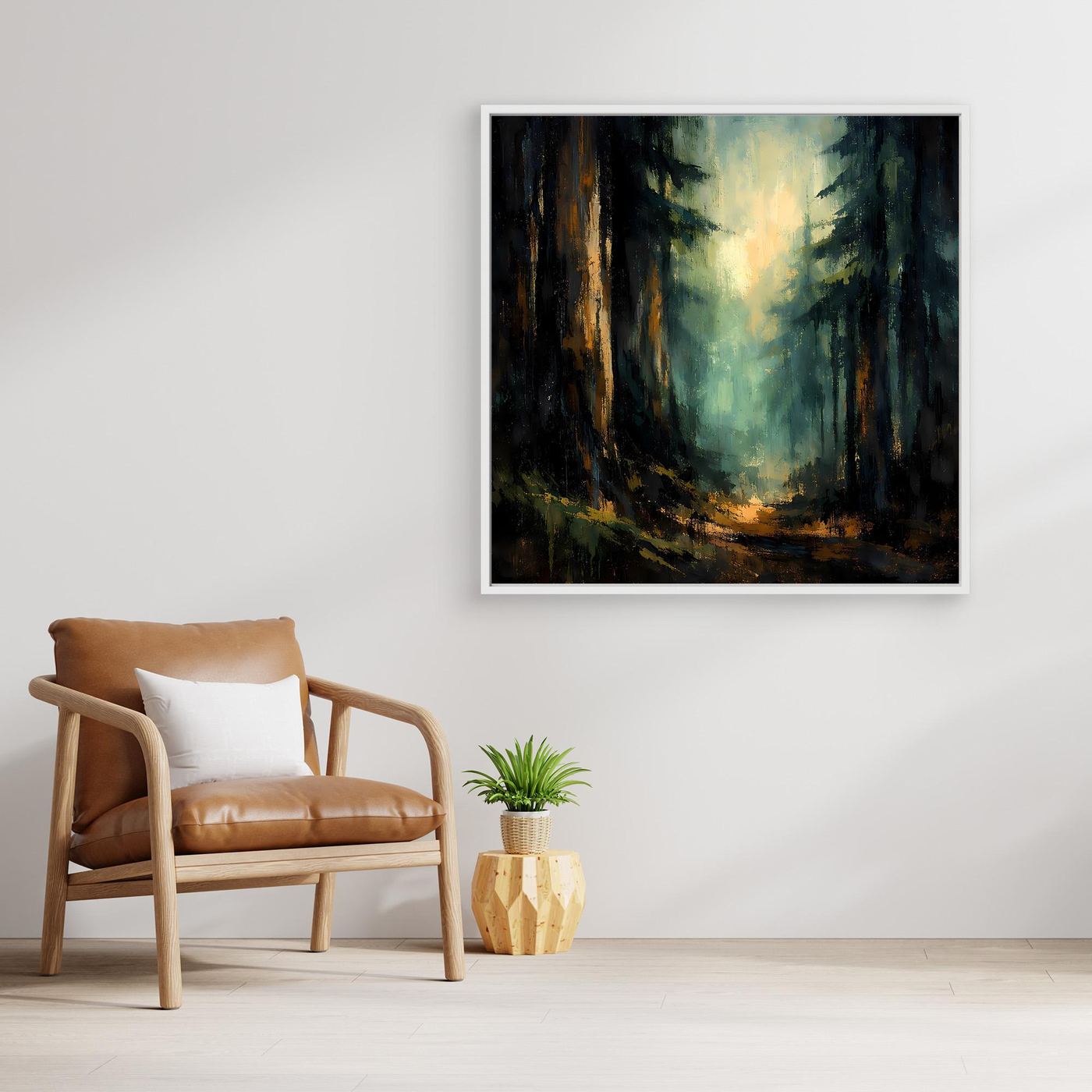 Abstraktes Tannenwald-Leinwandbild mit hellem Licht im Wald, weißer Rahmen