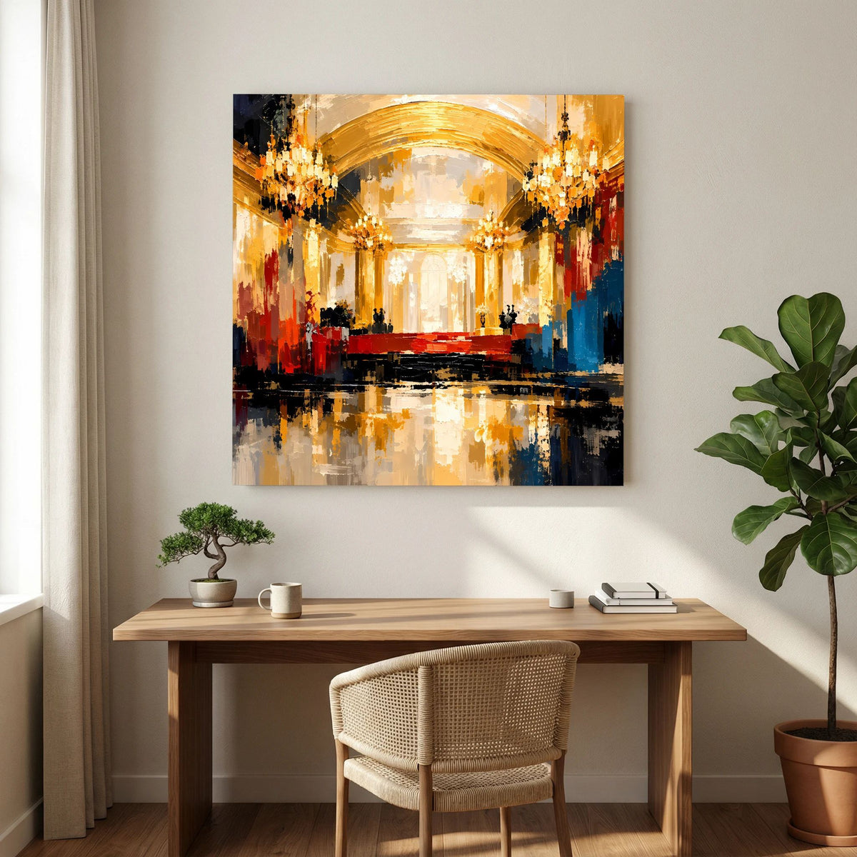 Leinwand Abstraktes Palast Saal Gemälde | Modernes Elegantes Wandbild Ballsaal Gold Rot