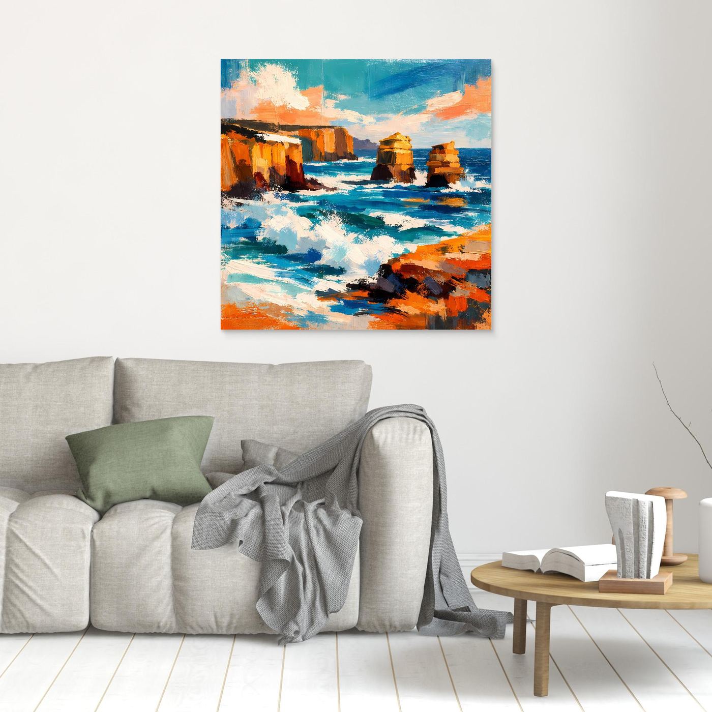 Kleines Wandbild mit abstraktem Küstenmotiv: türkisblaues Meer, orange Felsen