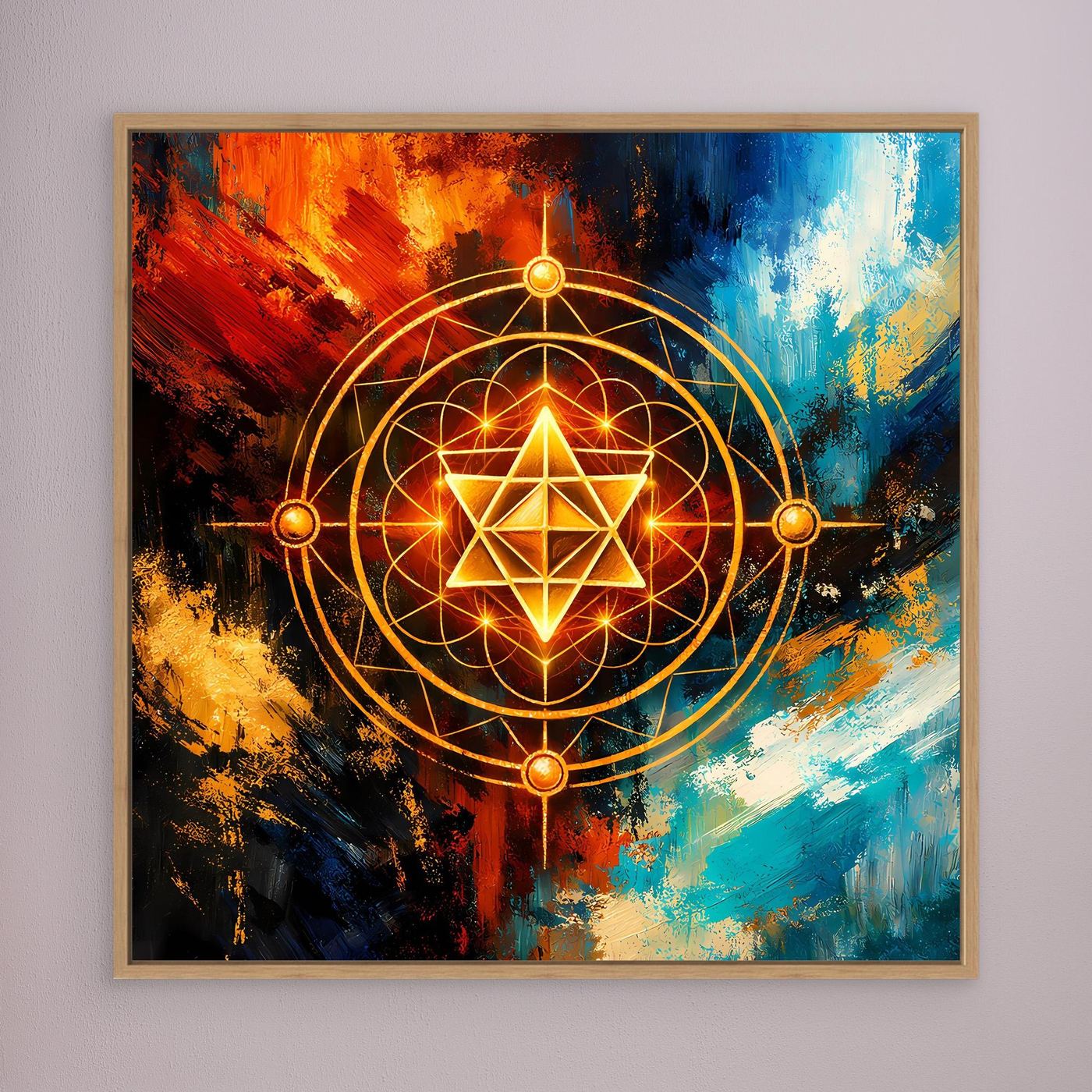 Leinwandbild mit goldener Merkaba-Geometrie im abstrakten Farbverlauf, eichefarbener Rahmen