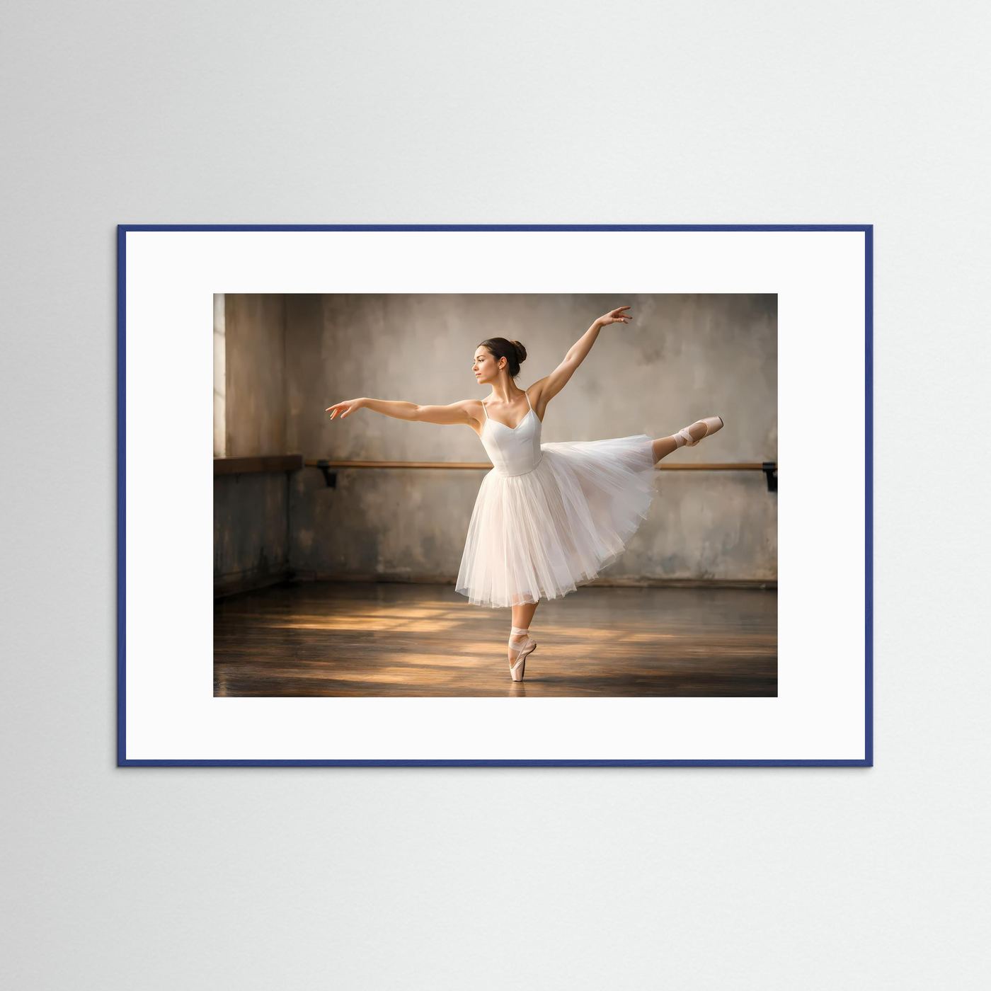 Ballettposter mit Ballerina im weißen Tutü, blauer Rahmen