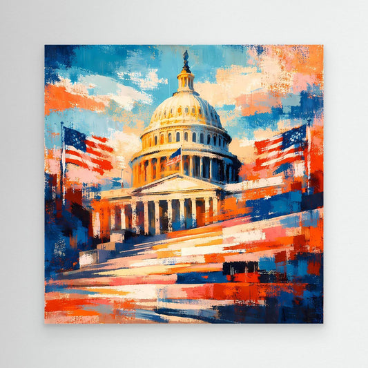 Abstraktes Leinwandbild mit US-Kapitol in Gold, US-Flaggen, Blau-Orange Farbtupfern, ohne Rahmen.