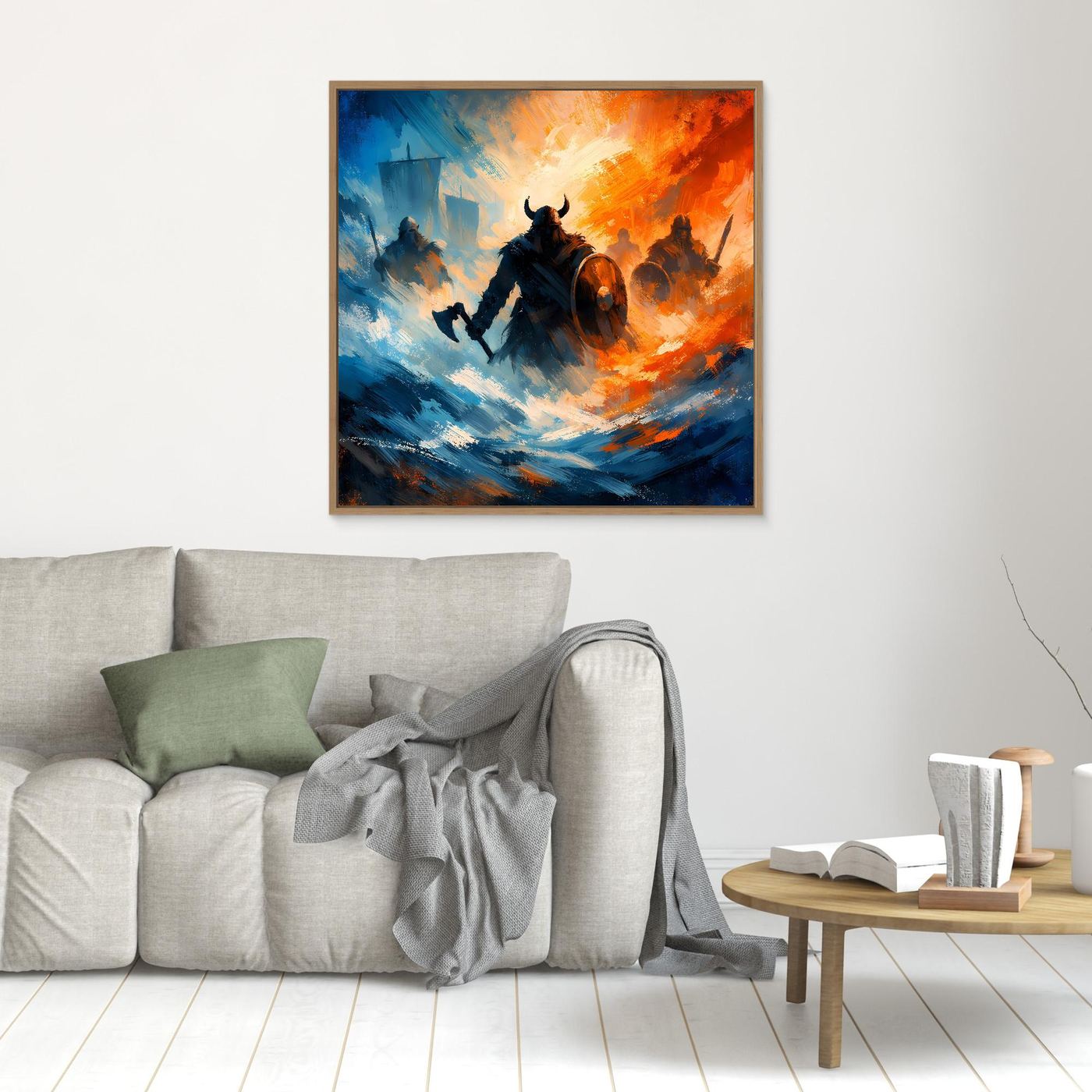 Kleines Wikinger-Wandbild, Blau-Orange, Holzrahmen