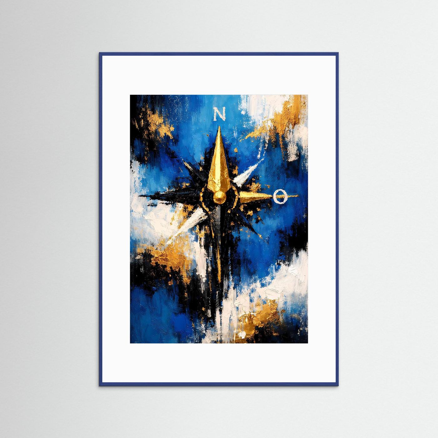 Hochformatiges Kunstposter mit goldener Kompassrose, blau-abstraktem Motiv, blauer Rahmen
