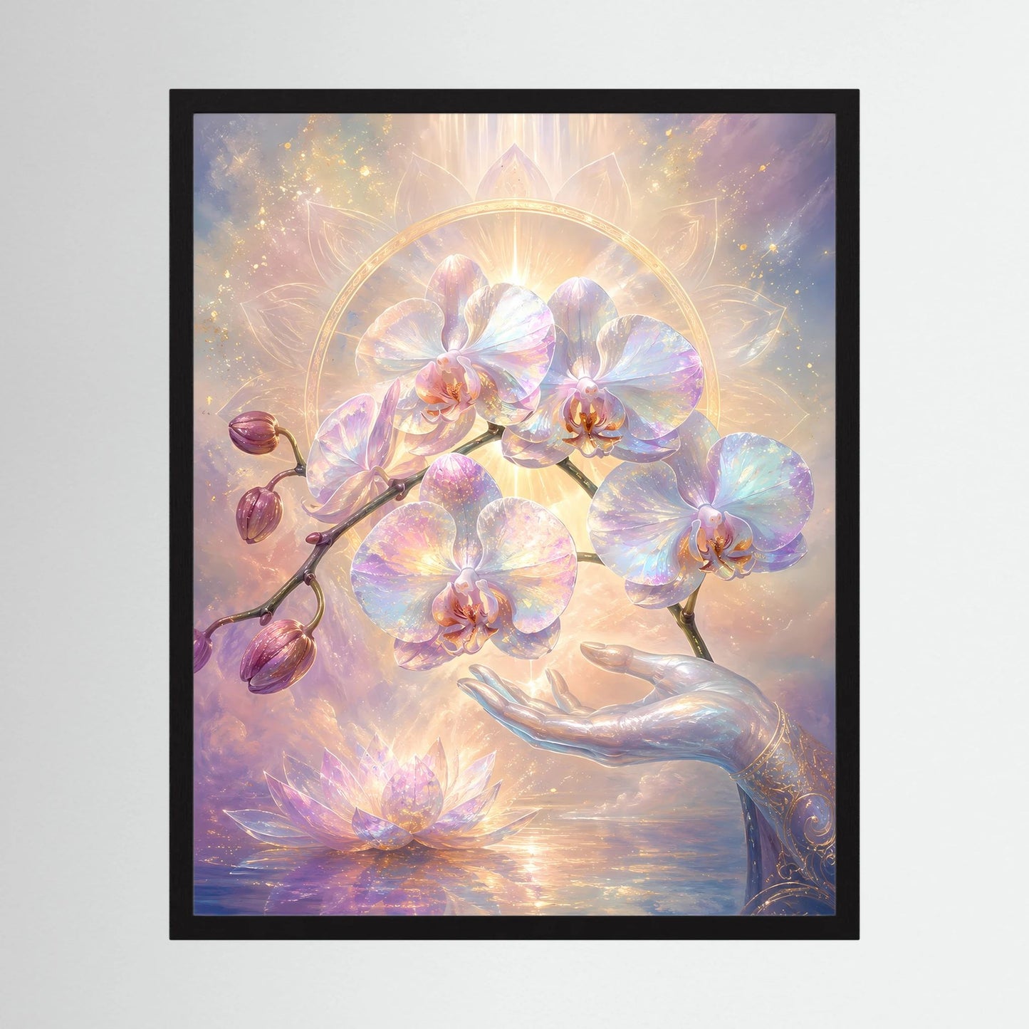 Gerahmtes Kunstposter: Pastell-Orchideen, Lotus und goldene Lichthalo mit Hand
