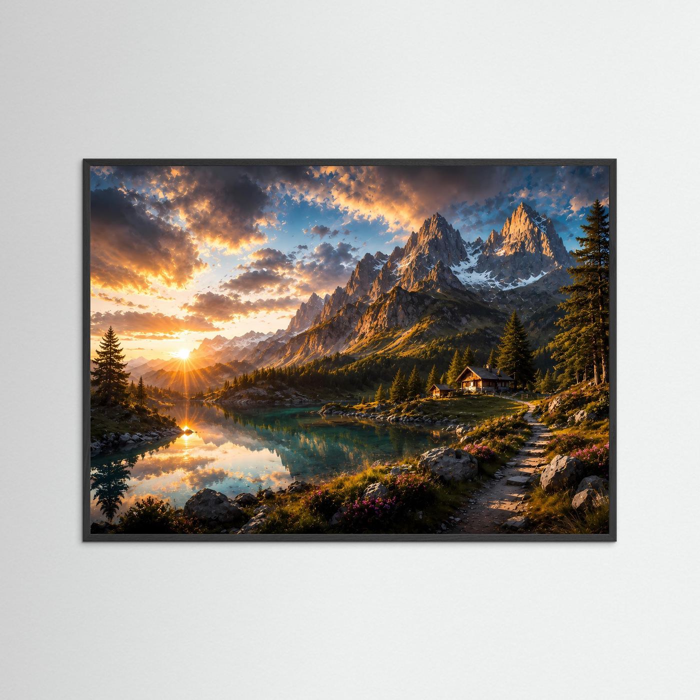 Poster im Querformat mit Alpenlandschaft, See-Spiegelung, Berggipfeln und Berghütte im Sonnenaufgang