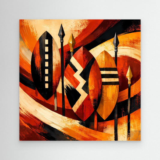 Leinwandbild abstrakte afrikanische Schilde, warme Rot- und Orangetöne, schwarze Silhouetten