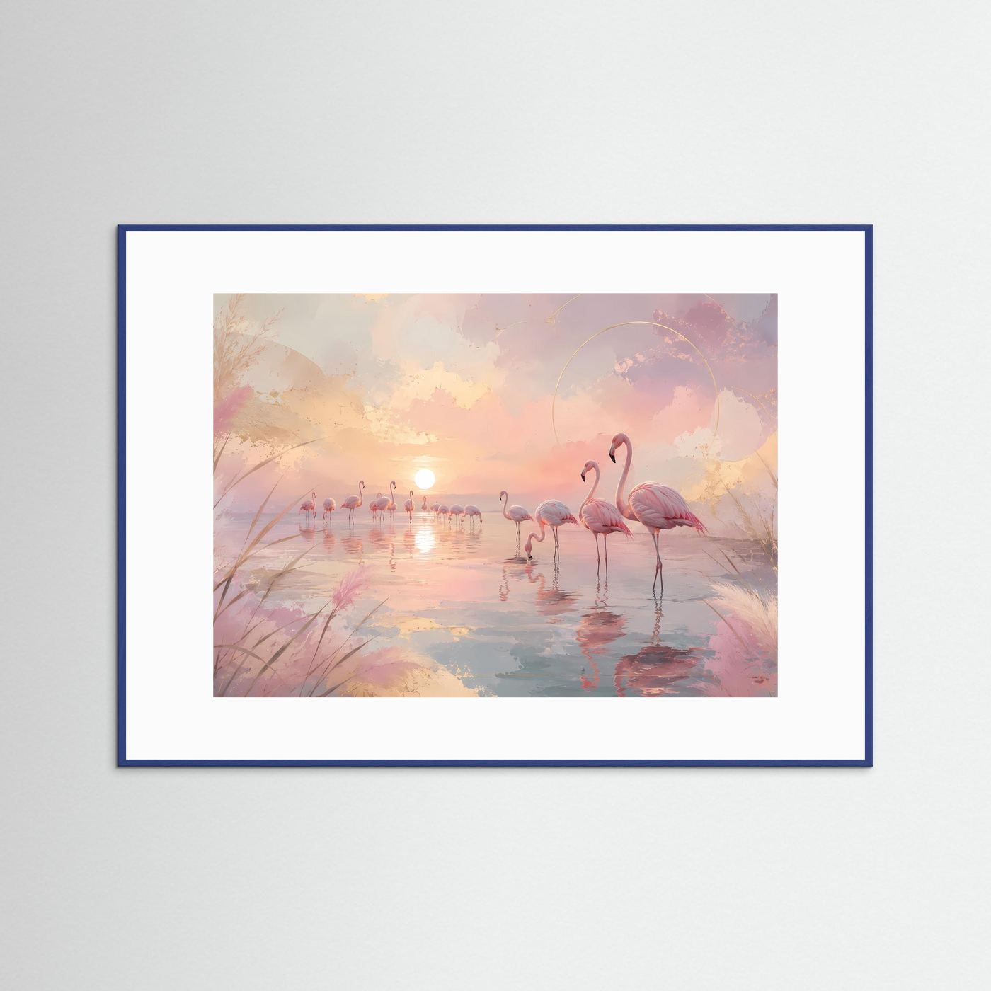 Flamingos im Sonnenuntergang | Pastell Wandbild mit Rosa Flamingos | Abstrakte Küstenlandschaft | Modernes Leinwandbild | Premium Poster
