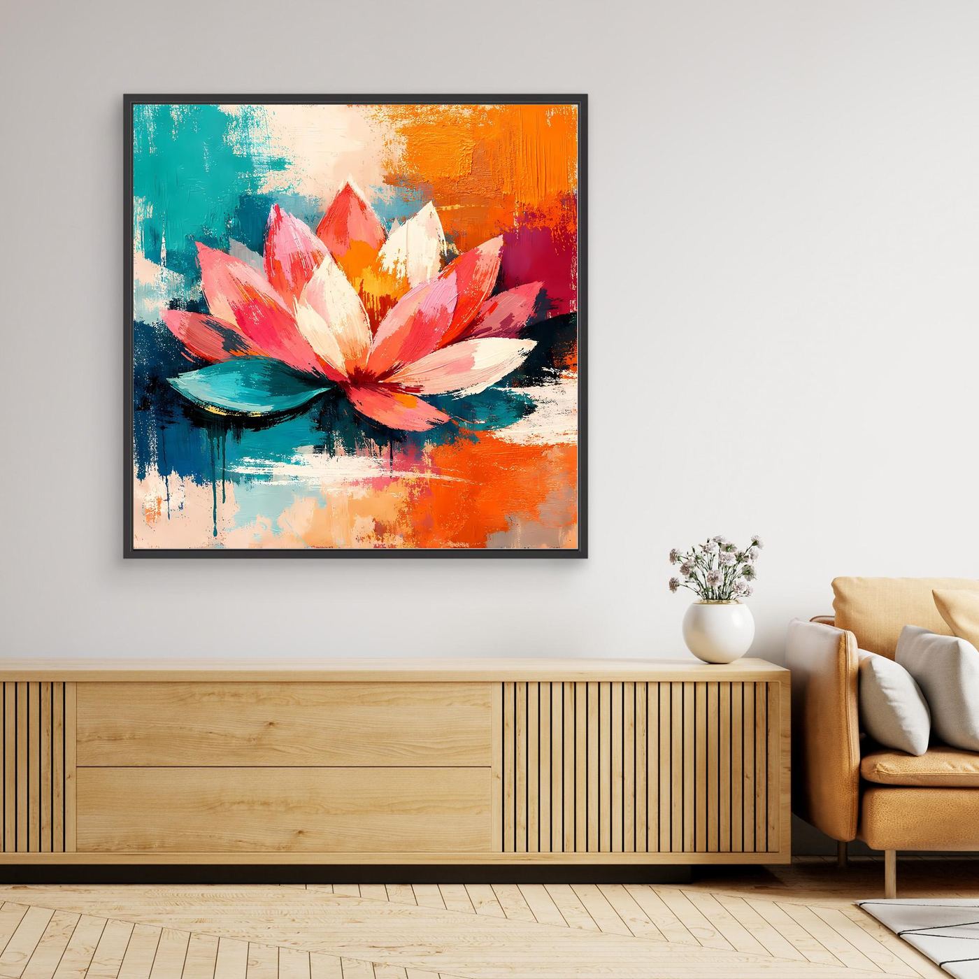 Abstract canvas wall art with colorful lotus on water, black frame