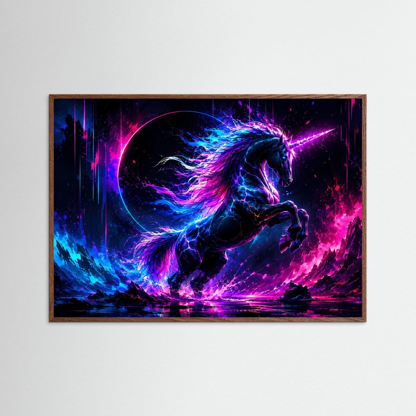 Mystisches Neon Einhorn Poster | Magisches Fantasy Wandbild in Pink, Blau & Violett Querformat