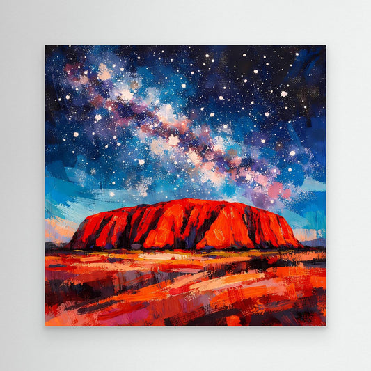 Abstraktes Wandbild auf Leinwand: roter Felsen unter Sternenhimmel, ohne Rahmen.