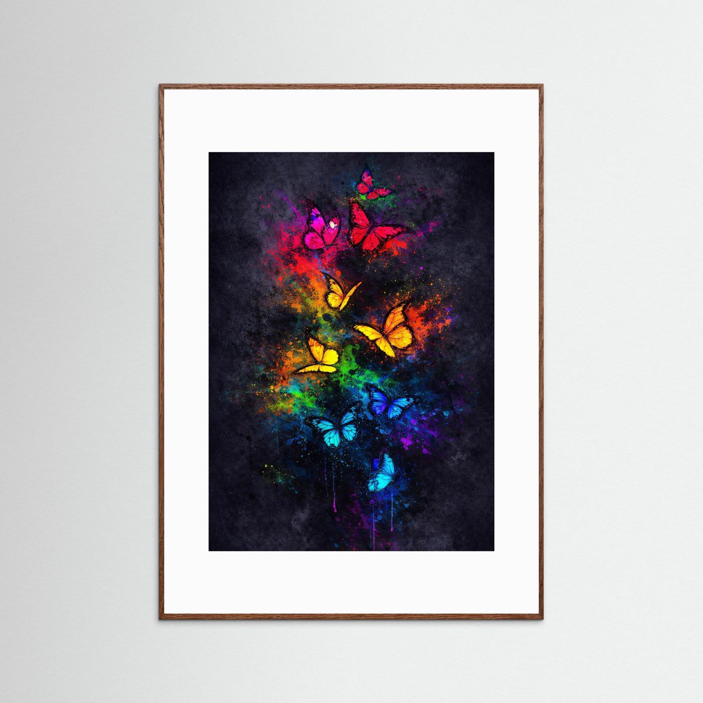 Poster mit Schmetterlingen im Neon-Regenbogen auf dunklem Hintergrund, weißer Rand, hellbrauner Rahmen