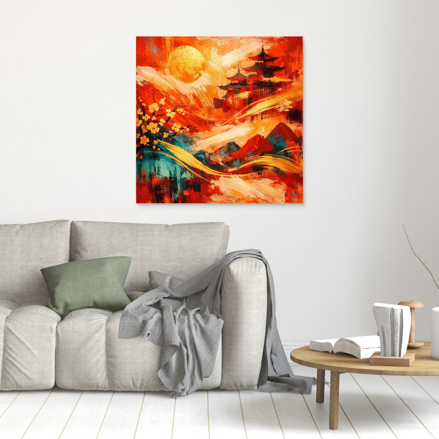 Abstraktes Leinwandbild „Pagode“ im kleinen Format: rotes Motiv mit goldener Sonne und Pagode