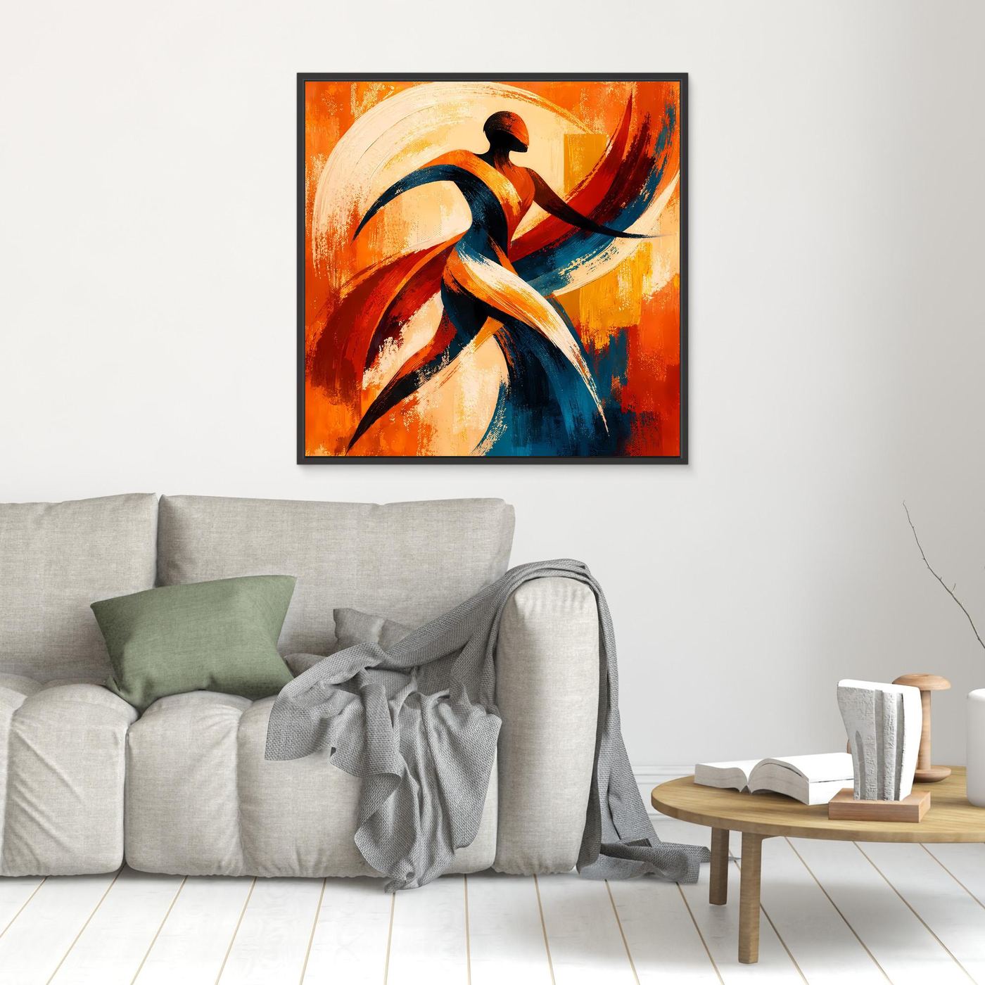 Kleines Leinwandbild mit abstrakter Tänzer-Silhouette in Rot-, Blau- und Orangetönen, schwarz gerahmt