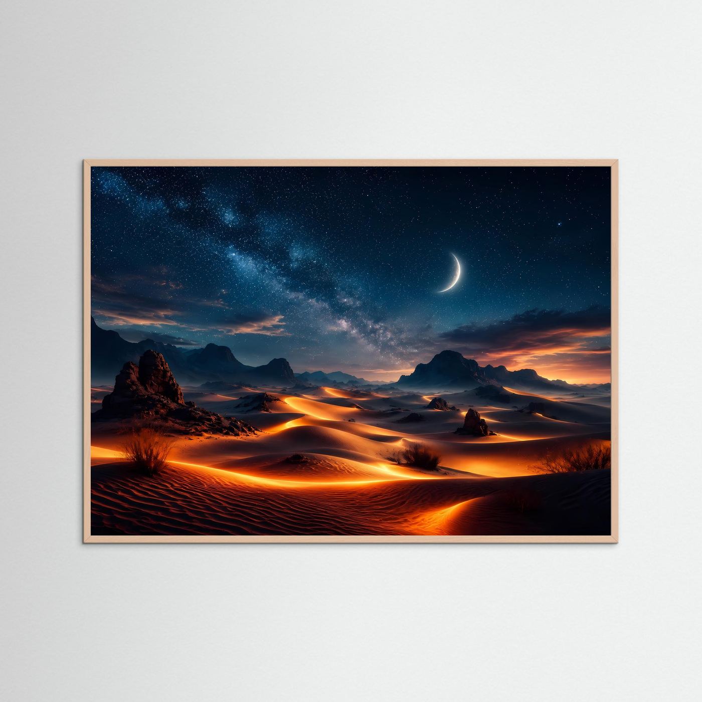 Wüstenlandschaft Poster Querformat | Sternenhimmel über Sanddünen | Magische Nacht Wüsten Wandkunst