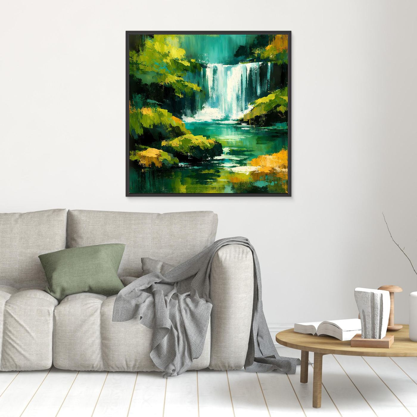 Kleines abstraktes Leinwandbild mit Wasserfall und Dschungelgrün, schwarz gerahmt