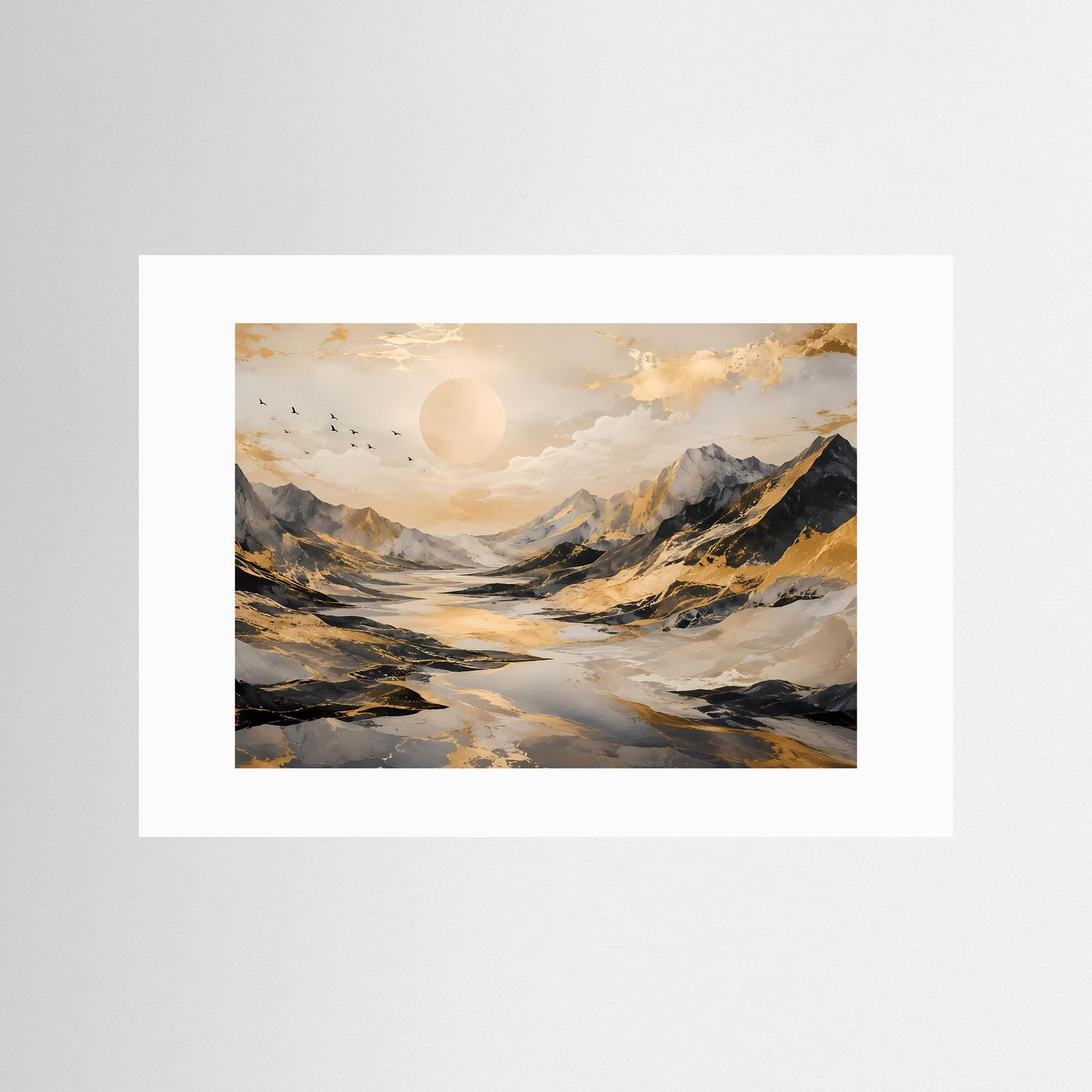 Abstrakte Berglandschaft mit Goldakzenten | Modernes Poster in Schwarz, Weiß & Gold | Edles Wandbild Querformat