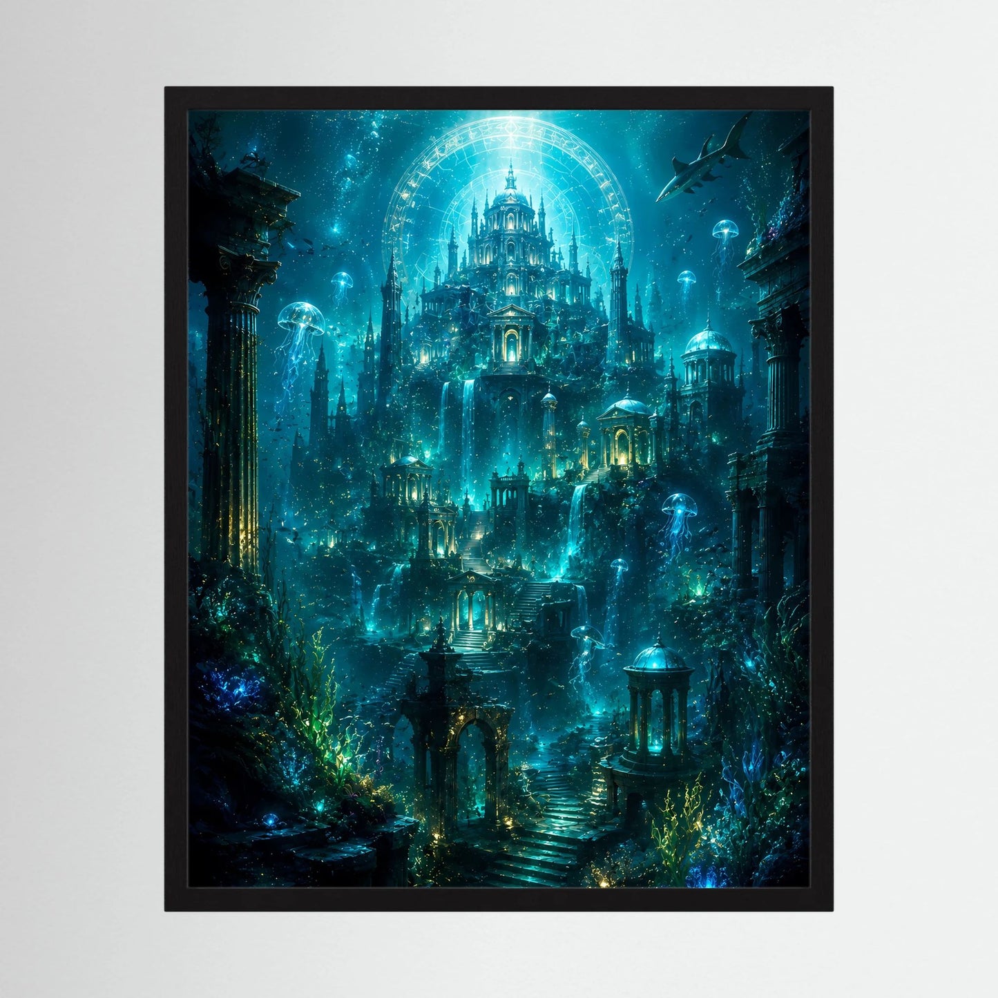 Gerahmtes Hochformat-Poster mit versunkener Unterwasserstadt, Tempelkreis und Felsportalen
