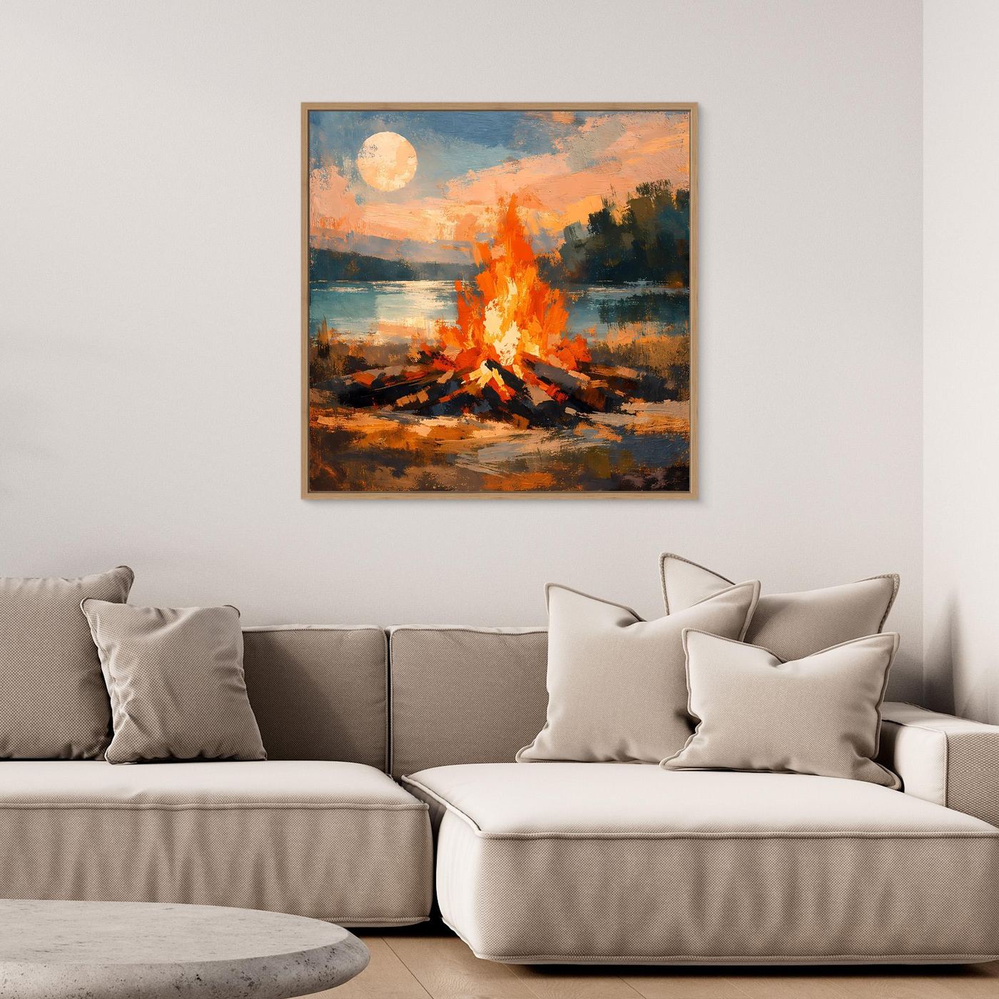 Wandbild mit Lagerfeuer am See auf Leinwand, brauner Holzrahmen, orange Flammen und Mond