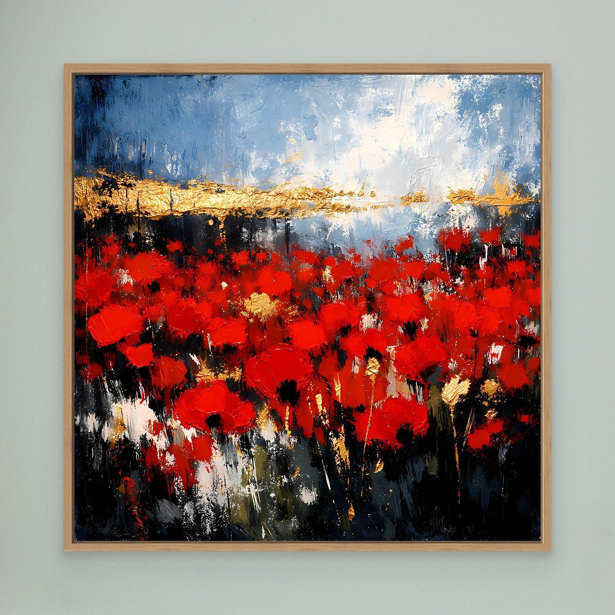 Abstraktes Wandbild mit roten Blütenfeldern, blauem Himmel und goldener Horizontlinie im Eichenrahmen