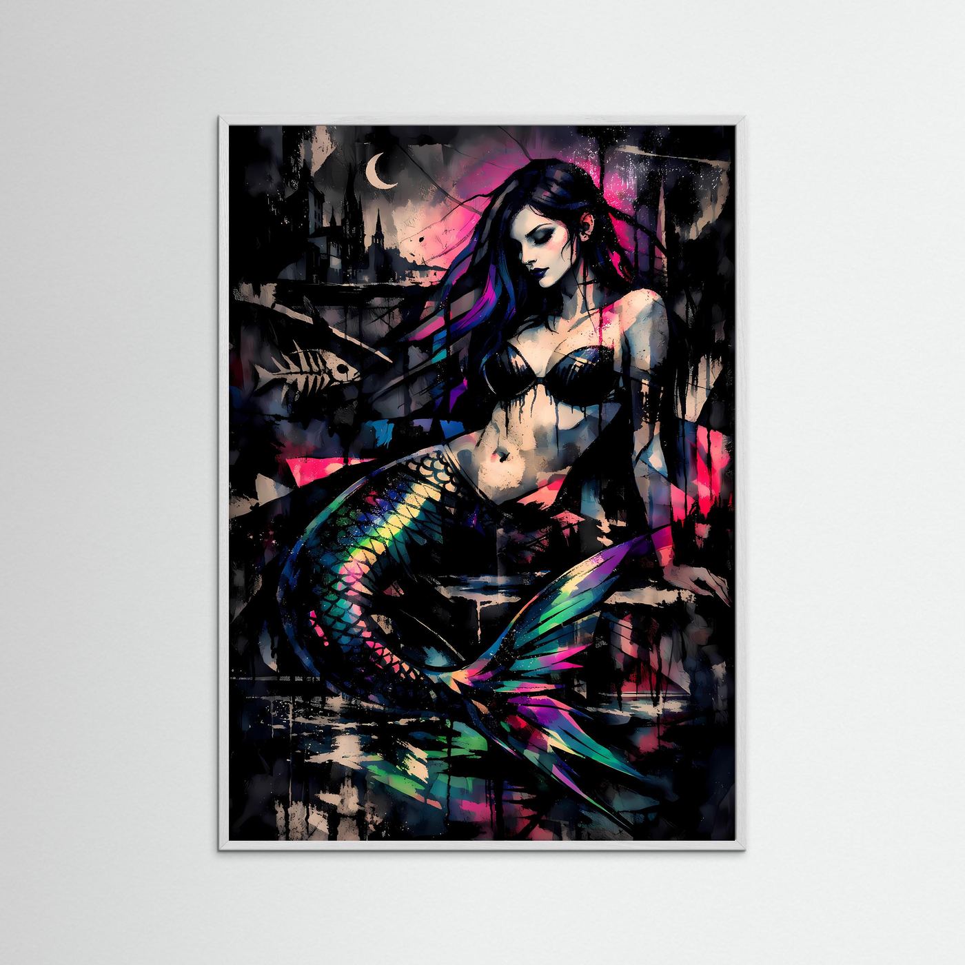 The Dark Mermaid | Luxuriöses Meerjungfrauen Poster Bunt & Schwarz | Abstraktes Sirenen Kunstposter Hochformat