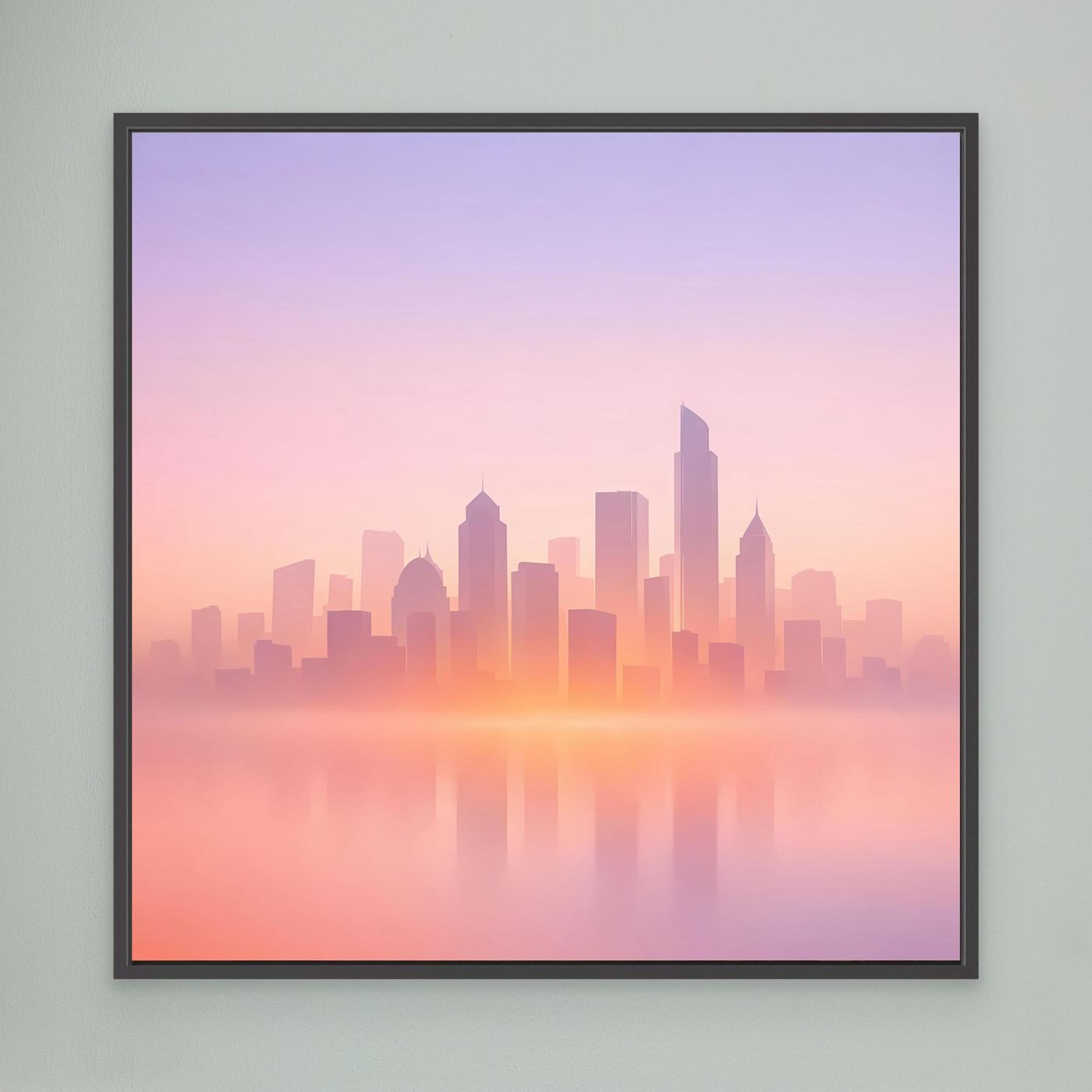 Leinwand-Wandbild mit pastellfarbener Skyline im Dunst und schwarzem Rahmen