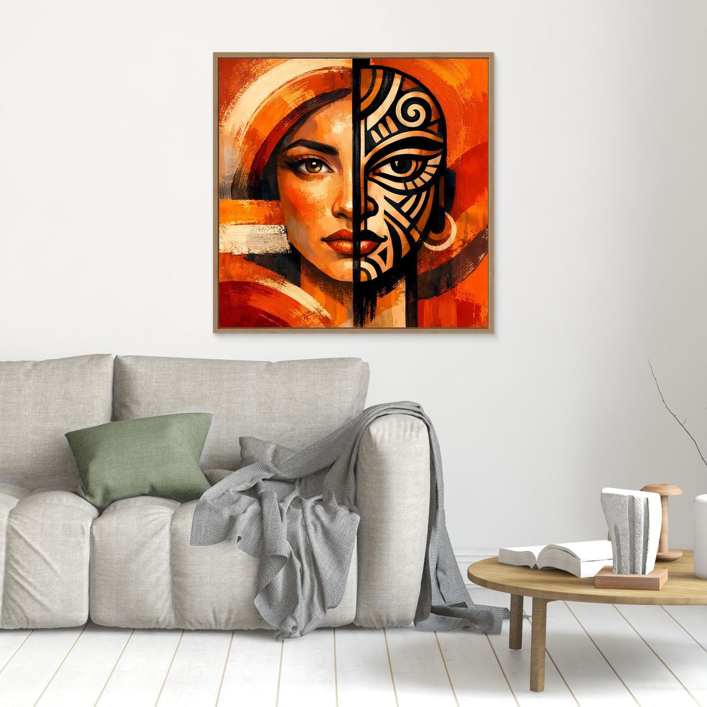 Kleines Leinwandbild mit Frauenporträt und schwarzer Maske, orangefarbig, holzfarben gerahmt.