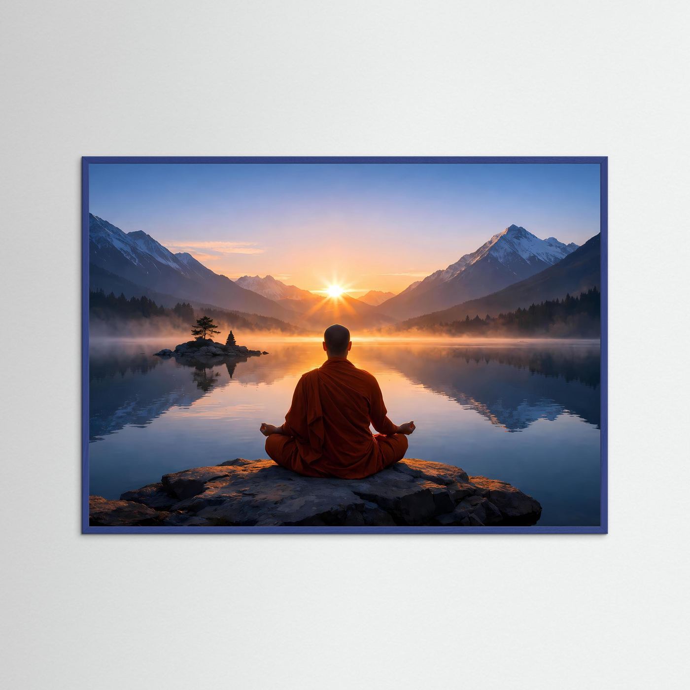 Gerahmtes Poster: meditierender Mönch auf Felsen am Bergsee zum Sonnenaufgang, blauer Rahmen
