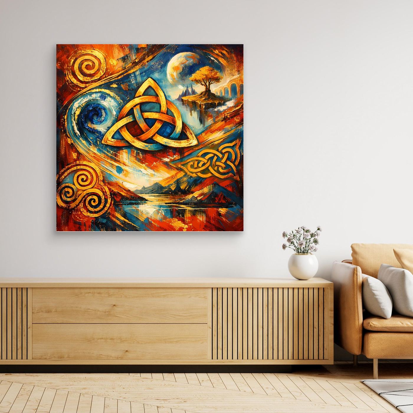 Gerahmtes Leinwandbild mit keltischer Triquetra, abstraktes Motiv mit Spiralen in Blau und Orange.