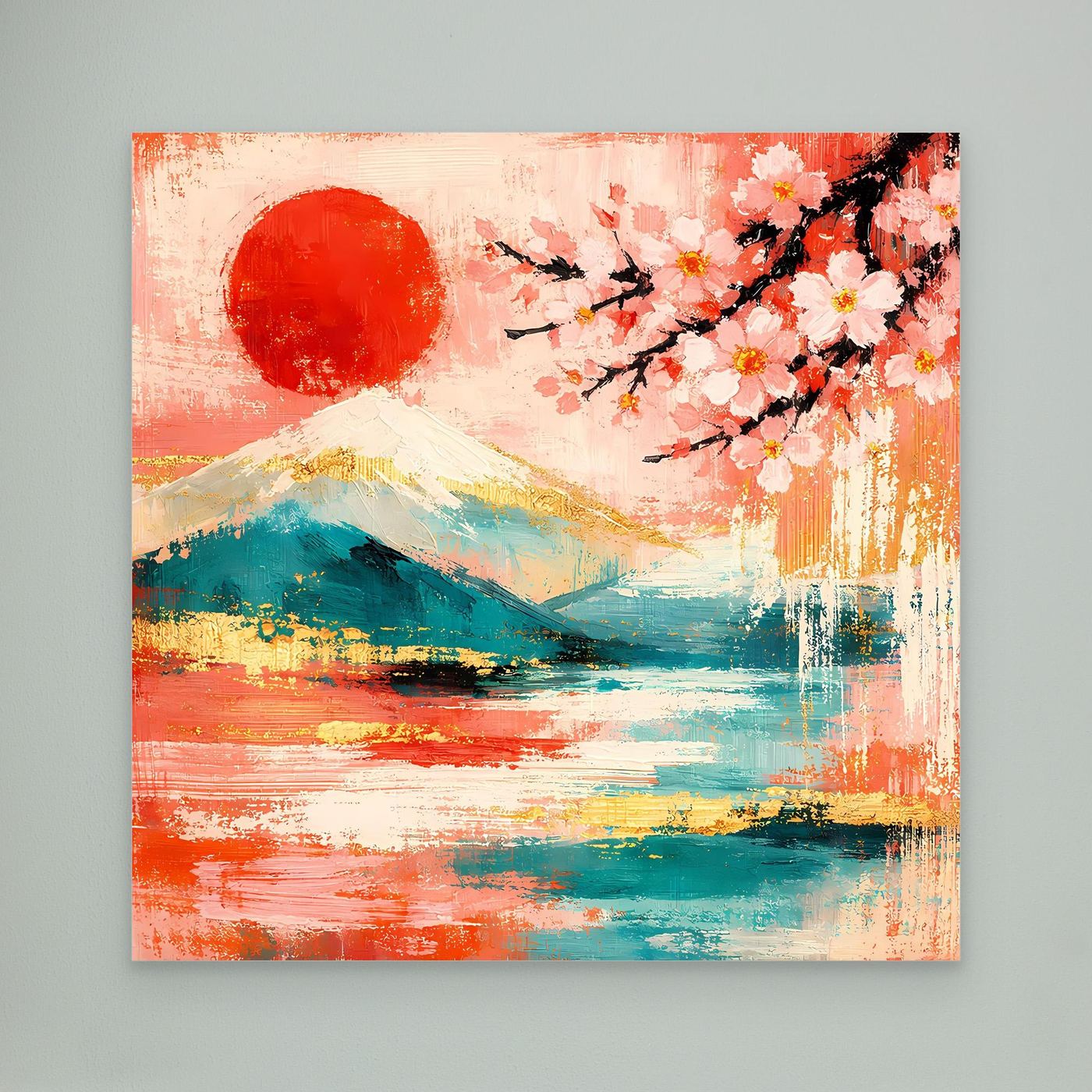 Abstraktes Leinwandbild mit Fuji, Kirschblüten und roter Sonne