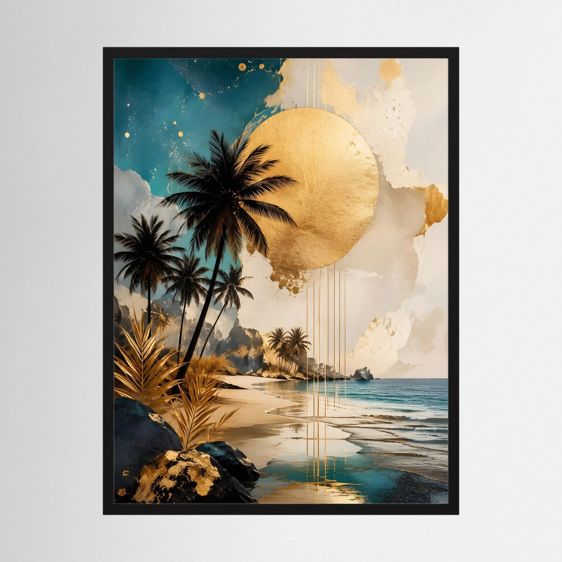 Tropisches Strandposter mit Palmen und goldener Sonne im schwarzen Rahmen