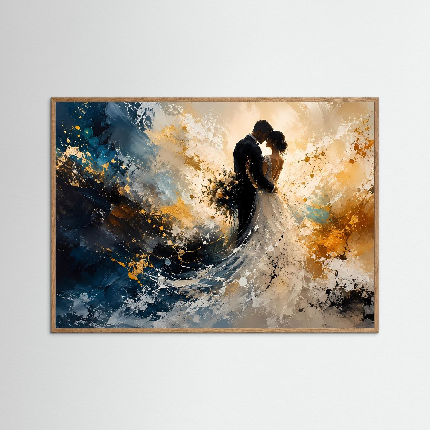 Abstraktes Hochzeits-Poster | Brautpaar in Gold, Blau & Weiß | Romantisches Wandbild im Querformat
