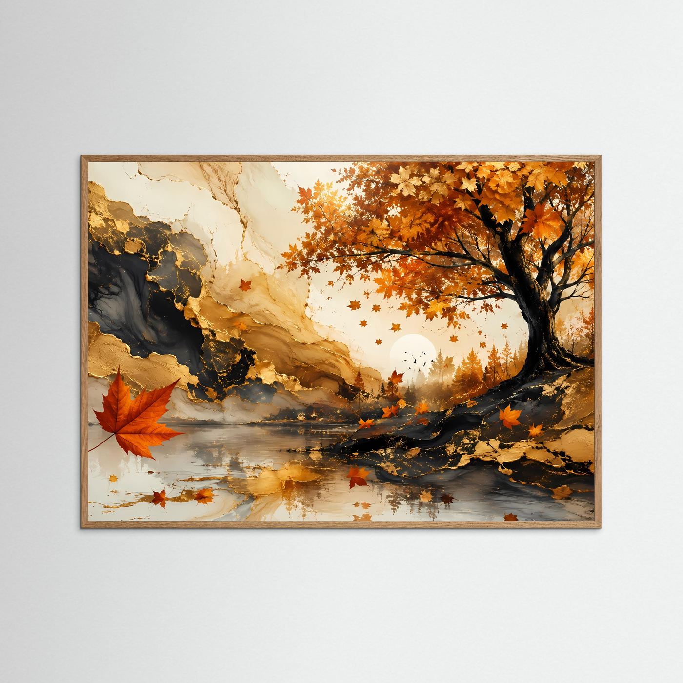 Herbstbaum Poster | Goldener Herbst Wandkunst | Abstrakte Ahorn Landschaft | Elegante Natur Wall Art | Premium Leinwandbild