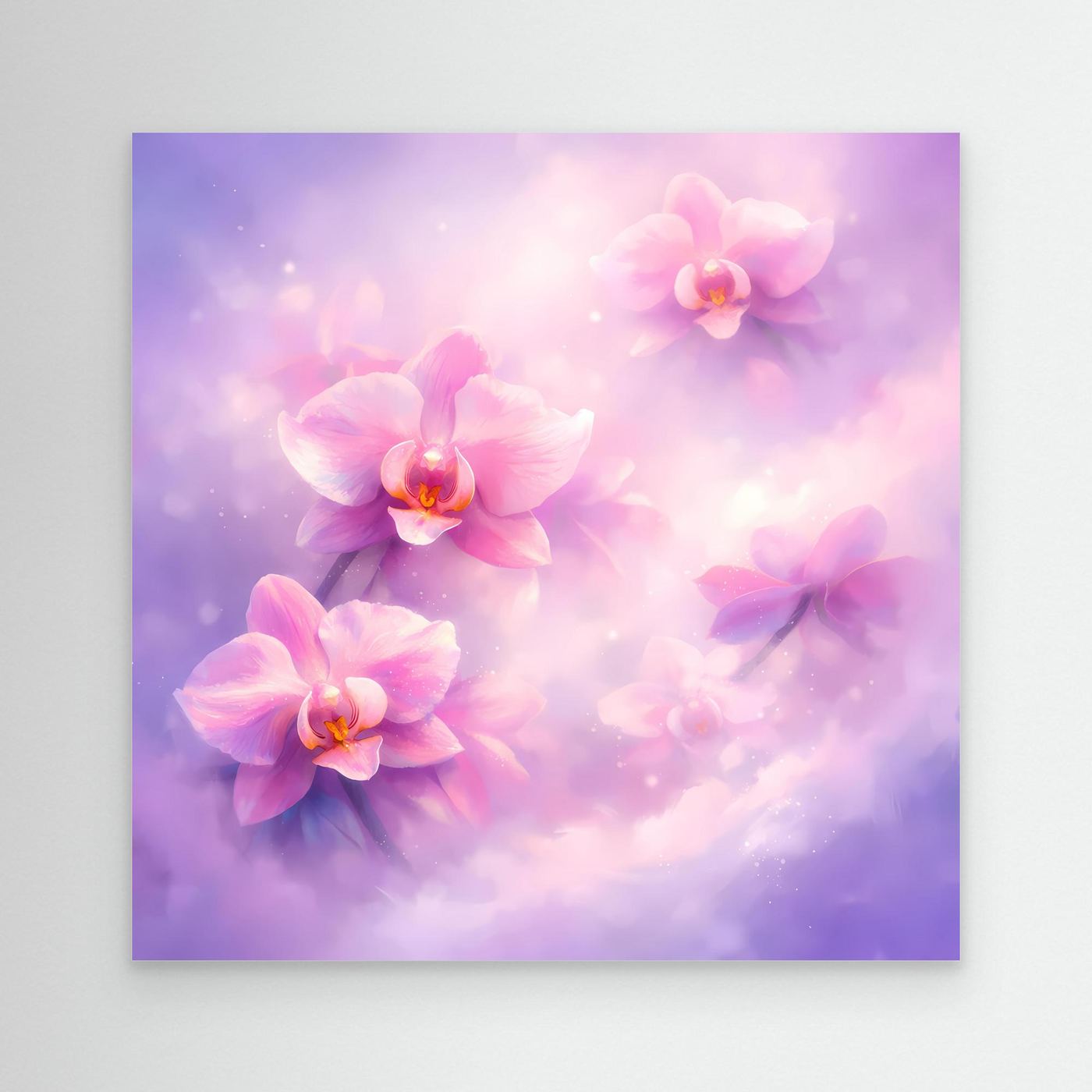 Leinwandbild mit pastellfarbenen Orchideen im blumigen Wolkenhintergrund
