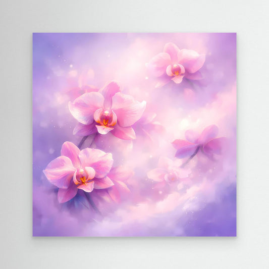 Leinwandbild mit pastellfarbenen Orchideen im blumigen Wolkenhintergrund